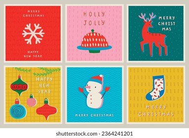 Christmas card set - hand drawn cute flyers. Postcards with lettering and Christmas graphic elements. Vector illustration.