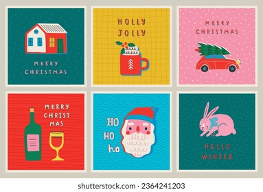 Christmas card set - hand drawn cute flyers. Postcards with lettering and Christmas graphic elements. Vector illustration.