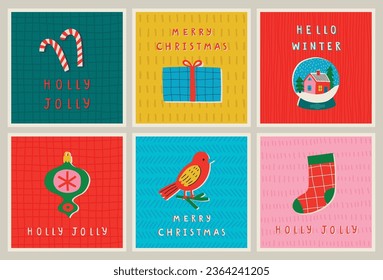 Christmas card set - hand drawn cute flyers. Postcards with lettering and Christmas graphic elements. Vector illustration.