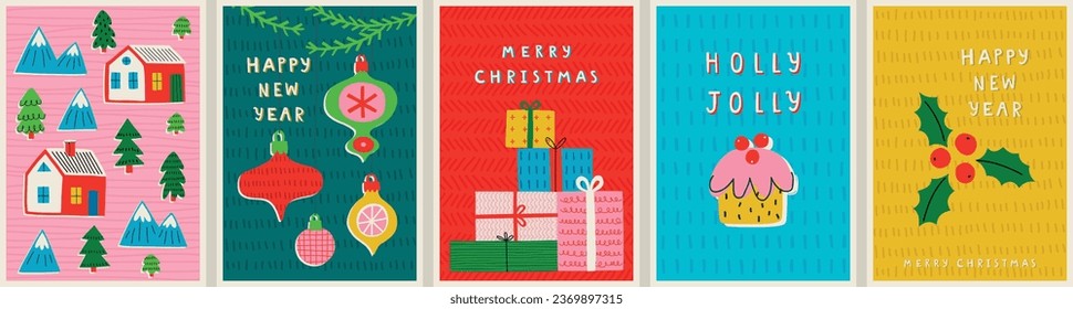 Christmas card set - hand drawn cute flyers. Postcards with lettering and Christmas graphic elements. Vector illustration.