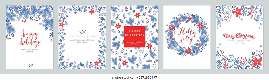 Christmas card set - hand drawn floral flyers. Lettering with Christmas decorative elements. Vector illustration.