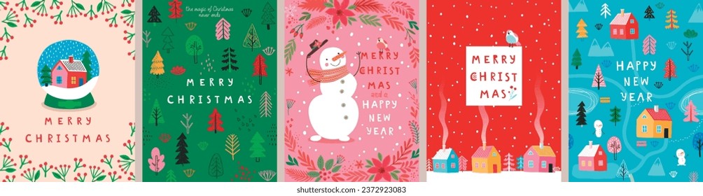 Christmas card set - hand drawn cute flyers. Postcards with lettering and Christmas graphic elements. Vector illustration.