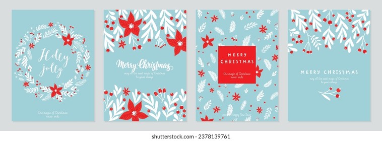 Christmas card set - hand drawn floral flyers. Lettering with Christmas decorative elements. Vector illustration.