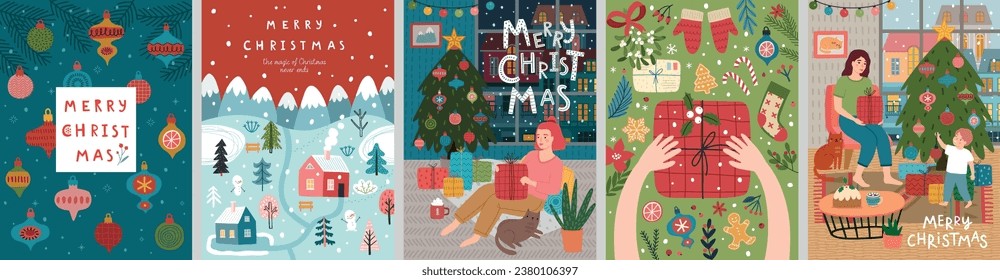 Juego de tarjetas de Navidad - panfletos adorables hechos a mano. Postales con letras y elementos gráficos de Navidad. Impresiones de Navidad. Ilustración vectorial.