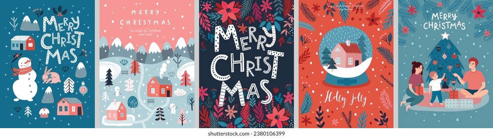 Christmas card set - hand drawn cute flyers. Postcards with lettering and Christmas graphic elements. Xmas prints. Vector illustration.