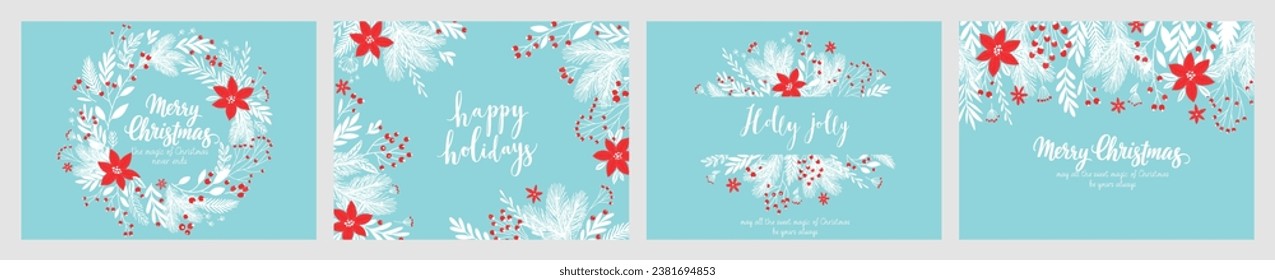 Christmas card set - hand drawn floral flyers. Lettering with Christmas decorative elements. Vector illustration.