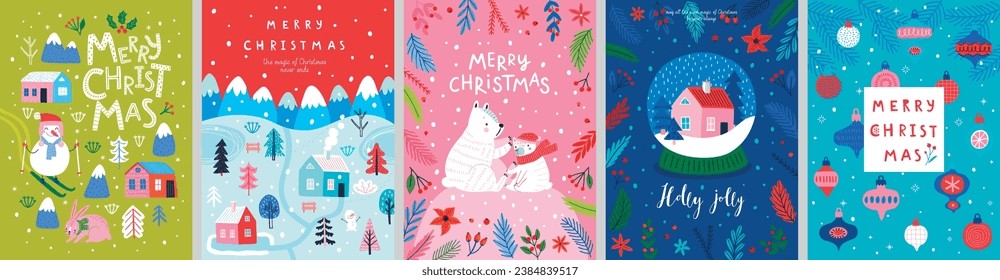 Christmas card set - hand drawn cute flyers. Postcards with lettering and Christmas graphic elements. Xmas prints. Vector illustration.