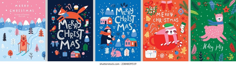 Christmas card set - hand drawn cute flyers. Postcards with lettering and Christmas graphic elements. Xmas prints. Vector illustration.