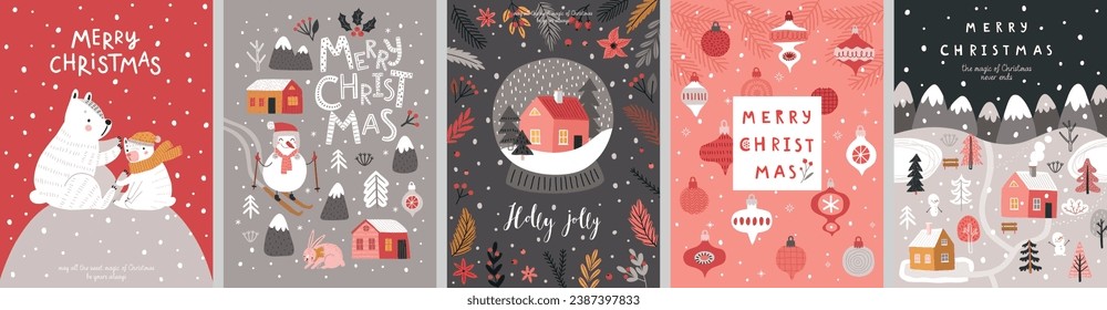 Christmas card set - hand drawn cute flyers. Postcards with lettering and Christmas graphic elements. Xmas prints. Vector illustration.