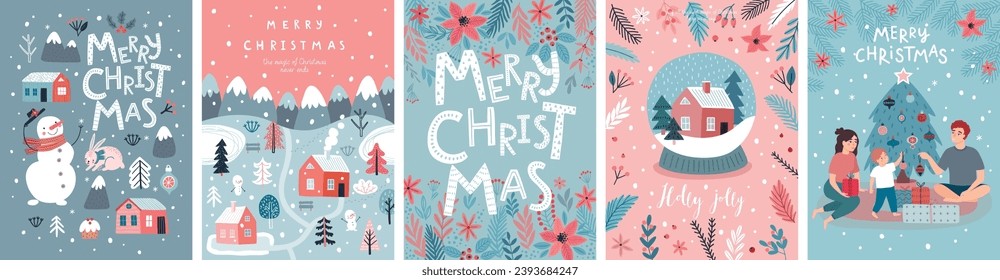 Christmas card set - hand drawn cute flyers. Postcards with lettering and Christmas graphic elements. Xmas prints. Vector illustration.