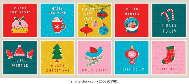 Christmas card set - hand drawn cute flyers. Postcards with lettering and Christmas graphic elements. Vector illustration.