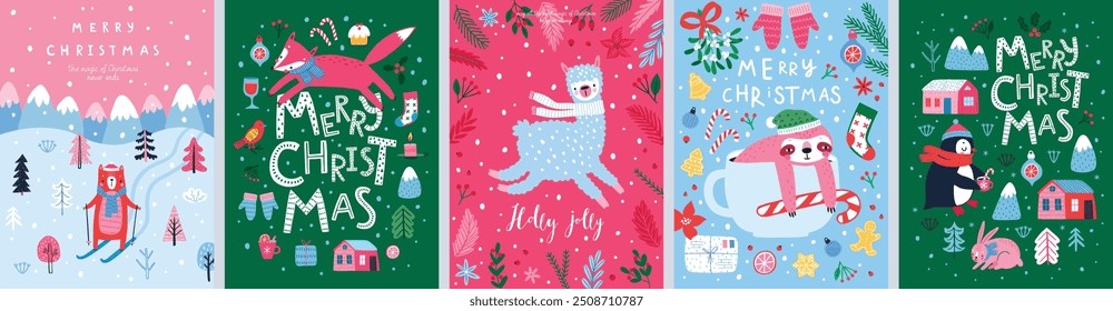 Christmas card set - hand drawn cute flyers. Postcards with lettering and Christmas graphic elements. Xmas prints. Vector illustration.