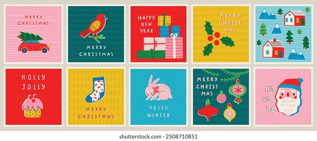 Christmas card set - hand drawn cute flyers. Postcards with lettering and Christmas graphic elements. Vector illustration.