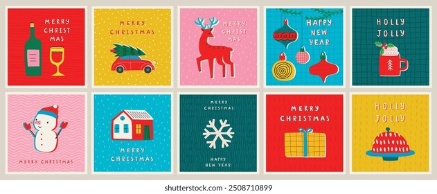 Christmas card set - hand drawn cute flyers. Postcards with lettering and Christmas graphic elements. Vector illustration.