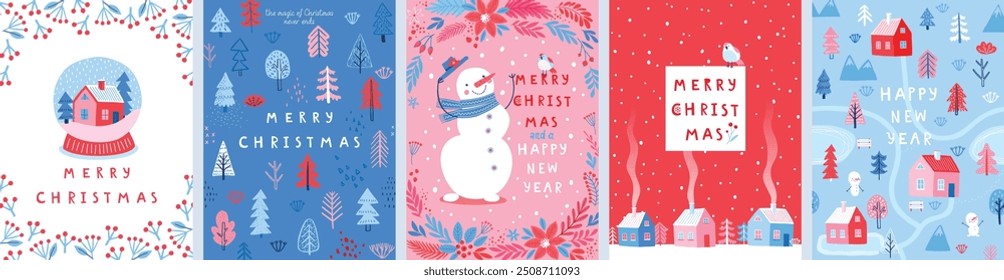 Christmas card set - hand drawn cute flyers. Postcards with lettering and Christmas graphic elements. Vector illustration.