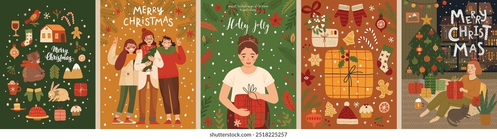Christmas card set - hand drawn cute flyers. Postcards with lettering and Christmas graphic elements and happy people. Xmas prints. Vector illustration.