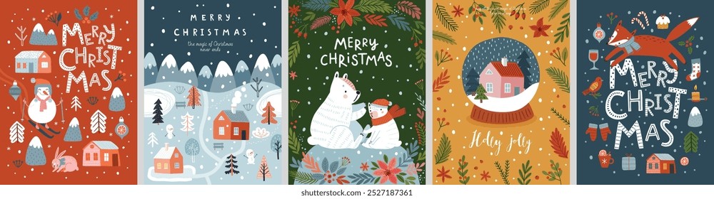 Christmas card set - hand drawn cute flyers. Postcards with lettering and Christmas graphic elements. Xmas prints. Vector illustration.