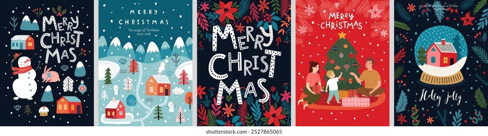 Conjunto de tarjeta de Navidad - flyers lindos dibujados a mano. Postales con letras y Navidades Elementos gráficos. Huellas navideñas. Ilustración vectorial.