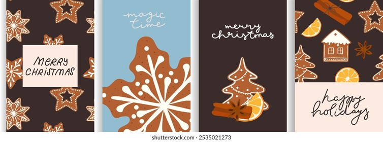 Christmas card set - hand drawn floral flyers. Lettering with Christmas decorative elements. Vector illustration.