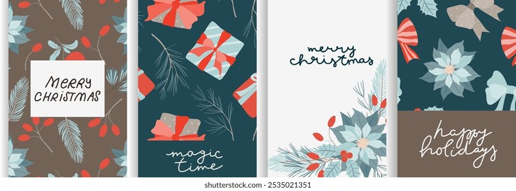 Conjunto de cartões de Natal - panfletos desenhados à mão. Lettering com elementos decorativos de Natal. Ilustração vetorial.