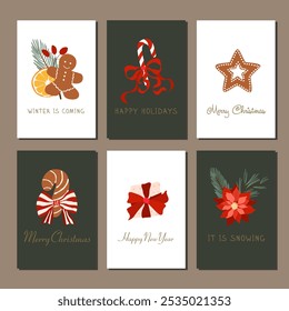 Christmas card set - hand drawn flyers. Lettering with Christmas decorative elements. Vector illustration.