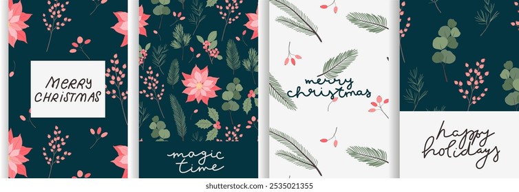 Christmas card set - hand drawn flyers. Lettering with Christmas decorative elements. Vector illustration.