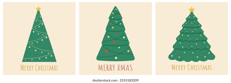 christmas card set, hand drawn, xmas tree, star, winter holidays, garlands, design elements, red, white, yellow baubles, vector illustration