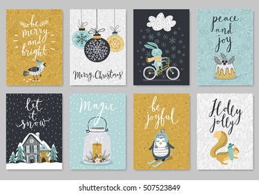 Christmas card set, hand drawn style. Vector illustration.