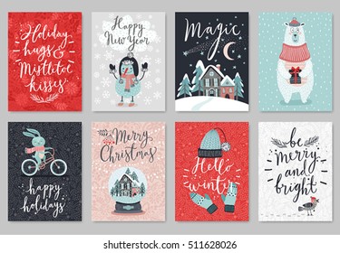 Christmas card set, hand drawn style. Vector illustration.
