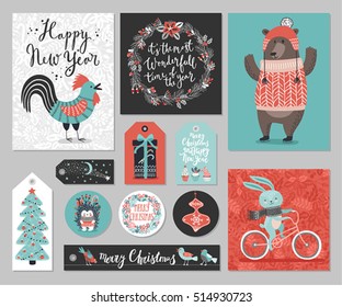 Christmas card set, hand drawn style. Vector illustration.