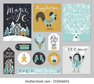 Christmas card set, hand drawn style. Vector illustration.