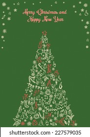 Christmas card with set of Christmas hand-drawn pen and ink patterns elements. vector illustration 3