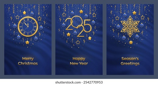 Conjunto de cartões de Natal. Feliz Ano Novo 2025. Números de ouro 2025, floco de neve, assistir com numeral romano e contagem regressiva meia-noite, véspera de Ano Novo. Estrelas penduradas, bolas em fundo azul. Ilustração vetorial.