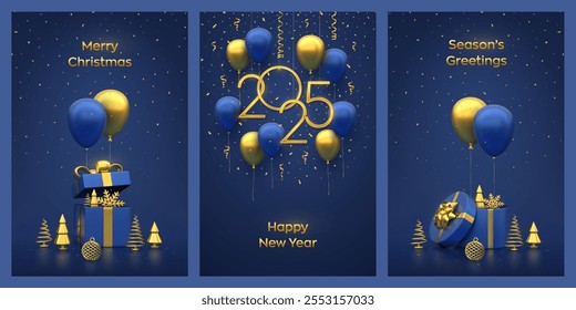 Christmas card set. Happy New Year 2025. Gold numbers 2025 with 3D festive helium balloons blue background. Gift boxes with gold bow and golden metallic fir trees, ball, snowflake. Vector illustration