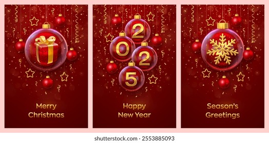 Christmas card set. Happy New Year 2025. Gold numbers 2025, Gift box, snowflake inside a glass balls. Hanging Christmas ball star on red background. Holiday Xmas poster, banner. Vector Illustration.