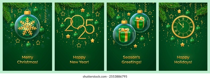 Christmas card set. Happy New Year 2025. Gold numbers 2025, watch and countdown midnight. Gift boxes and snowflake inside a glass balls. Fir branches, stars, balls. Xmas green background. Vector.