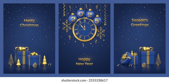 Christmas card set. Happy New Year 2025. Hanging blue balls with gold numbers 2025 and snowflakes. Watch the countdown to midnight. Gift boxes with golden bows and gold fir trees. Vector illustration.