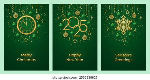 Christmas card set. Happy New Year 2025. Gold numbers 2025, snowflake, watch with Roman numeral and countdown midnight, eve for New Year. Hanging stars, balls on green background. Vector illustration.