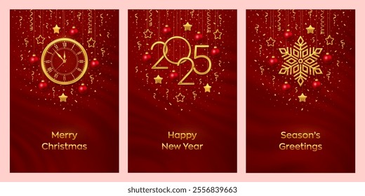 Christmas card set. Happy New Year 2025. Gold numbers 2025, snowflake, watch with Roman numeral and countdown midnight, eve for New Year. Hanging stars, balls on red background. Vector illustration