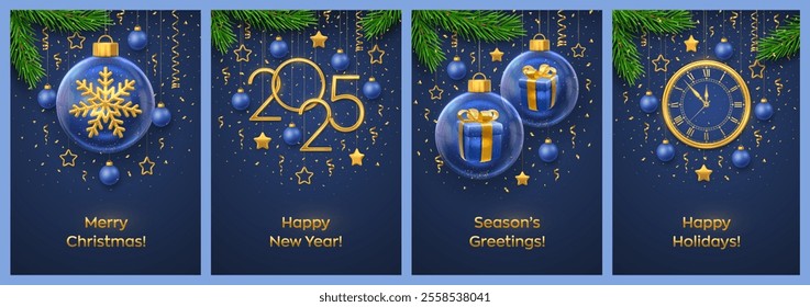 Christmas card set. Happy New Year 2025. Gold numbers 2025, watch and countdown midnight. Gift boxes and snowflake inside a glass balls. Fir branches, stars, balls. Xmas blue background. Vector.