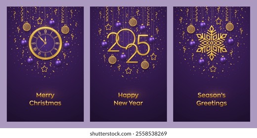 Christmas card set. Happy New Year 2025. Gold numbers 2025, snowflake, watch with Roman numeral and countdown midnight, eve for New Year. Hanging stars, balls on purple background. Vector illustration