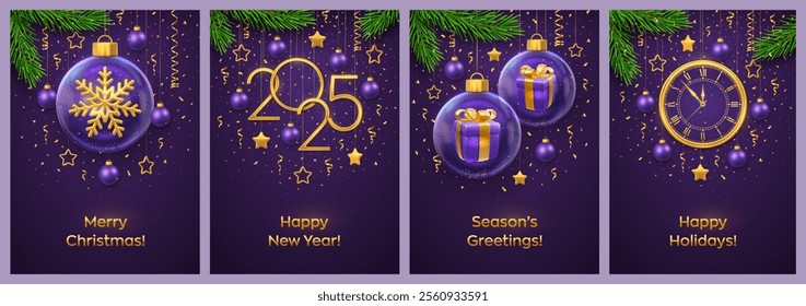 Christmas card set. Happy New Year 2025. Gold numbers 2025, watch and countdown midnight. Gift boxes and snowflake inside a glass balls. Fir branches, stars, balls. Xmas purple background. Vector.