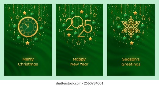 Christmas card set. Happy New Year 2025. Gold numbers 2025, snowflake, watch with Roman numeral and countdown midnight, eve for New Year. Hanging stars, balls on green background. Vector illustration