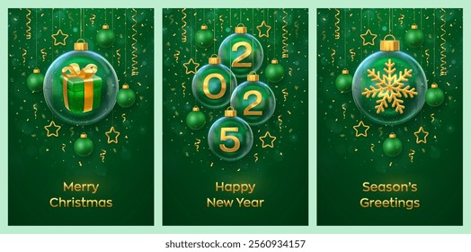 Christmas card set. Happy New Year 2025. Gold numbers 2025, Gift box, snowflake inside a glass balls. Hanging Christmas ball star on green background. Holiday Xmas poster, banner. Vector Illustration.