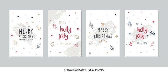 Christmas card set Holly jolly greeting lettering vector.