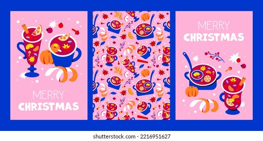 Christmas card set. Hot winter drinks, mulled wine, tangerines, seamless pattern