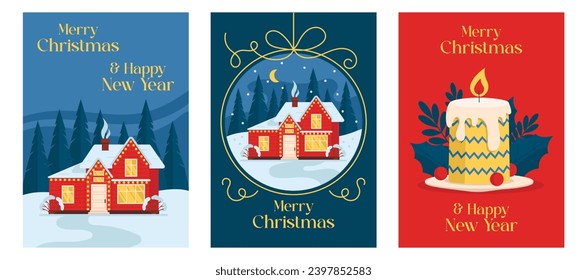 juego de tarjetas de Navidad. Con ilustraciones de casas de invierno y una ardiente vela navideña. Feliz Navidad. Gráfico vectorial.