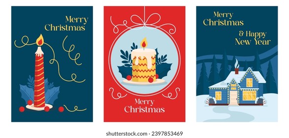 Christmas card set. With illustrations of a winter house and burning Christmas candles. Merry Christmas. Vector graphic.