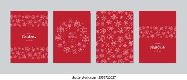 Christmas card set. Merry Christmas greeting text lettering snowflake card set red background vector.