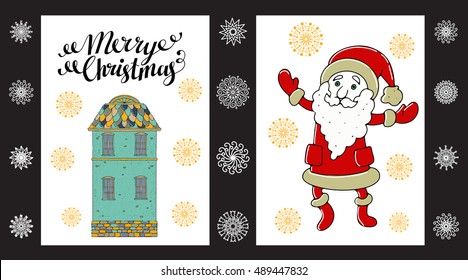 Christmas card set. Merry Christmas handwritten black brushed, calligraphy text, lettering. Santa Claus, house, snowflakes hand drawn isolated on white background. Vector design